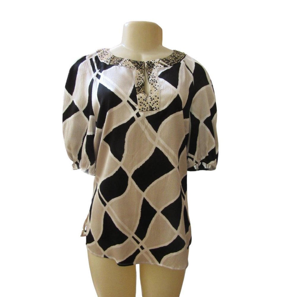 St John Silk Seqenced Blouse in Beige and Black w Short Sleeves, SZ Small